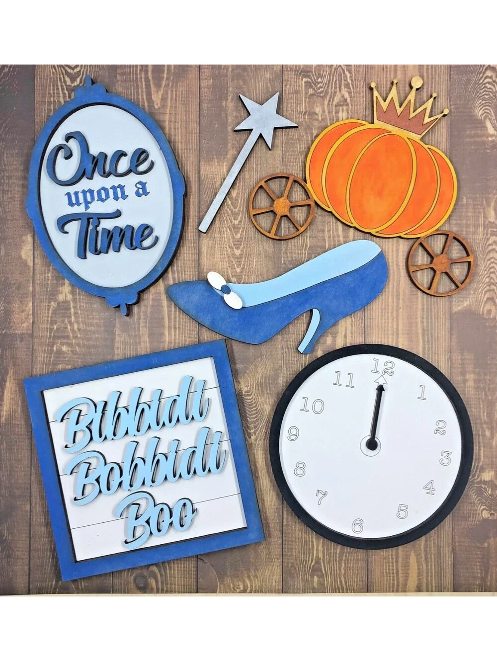 lot of 6 Pcs Cinderella Tiered Tray Decor Set Wooden Signs - hand painted - OOAK